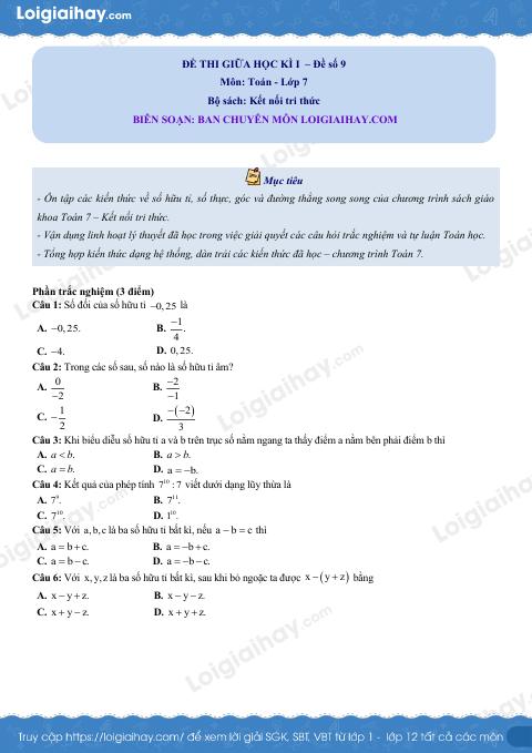 Đề thi giữa kì 1 Toán 7 - Đề số 9 - Kết nối tri thức
